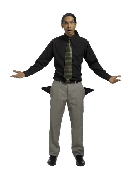 Un uomo d'affari stressato con tasca vuota — Foto Stock