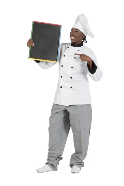 African chef with empty board — Stock Photo, Image