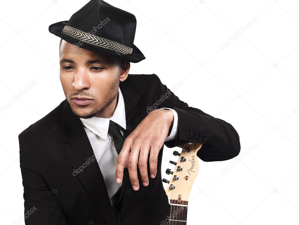 985 businessman with guitar contemplating