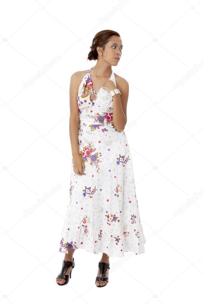 Una Un Fotos Stock De Joven Con Vestido Floral — Mujer Blanco EDWHI29