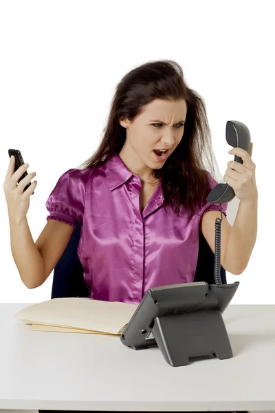 Angry office girl yelling to telephone — Stock Photo, Image