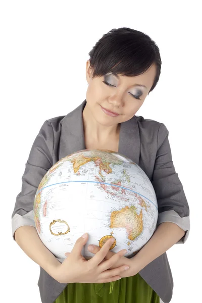 Asiática mulher abraçando um globo — Fotografia de Stock