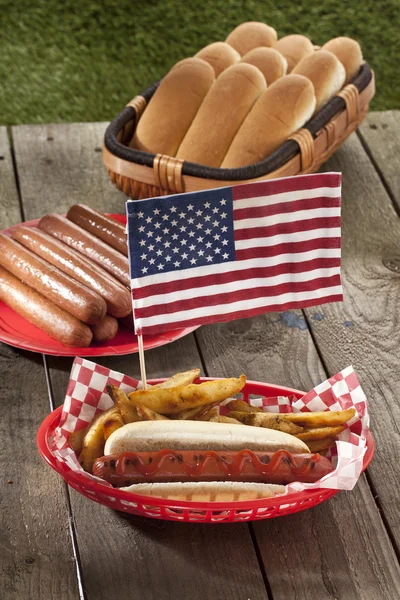 American hotdog sandwich and fries — Stock Photo, Image