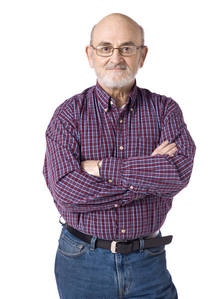 an old man with arm crossed