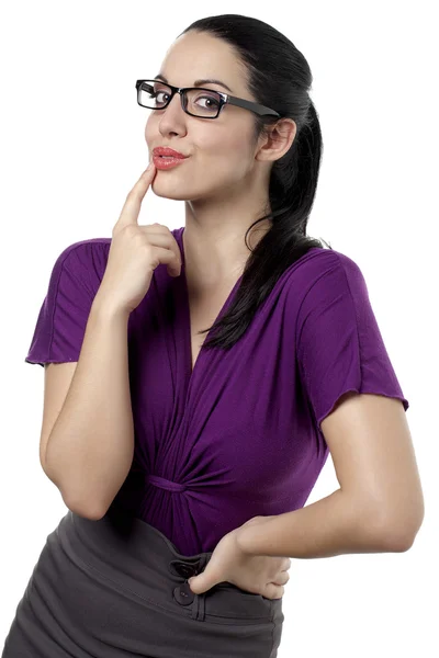 Uma mulher bonita com um dedo nos lábios — Fotografia de Stock