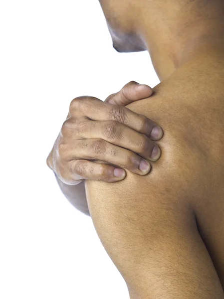 Um homem que sofre de dor no ombro — Fotografia de Stock