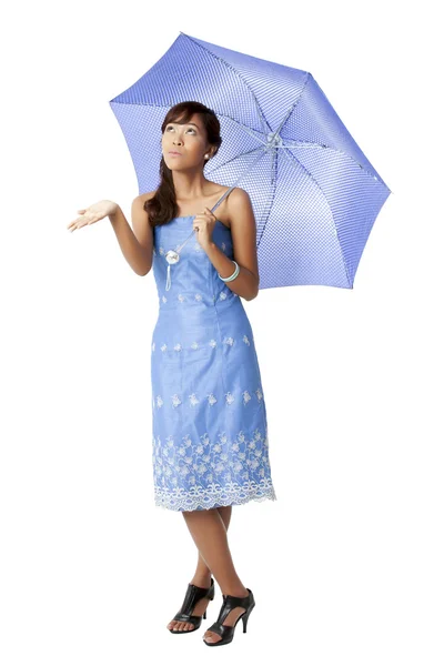 Attractive girl white blue umbrella — Stock Photo, Image