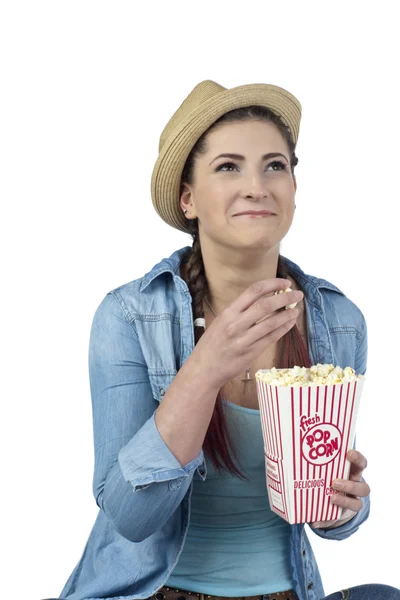 Attractive lady holding popcorn box — Stock Photo, Image