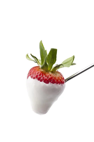 A fork with strawberry with white chocolate — Stock Photo, Image