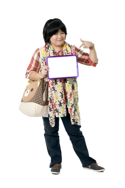 A girl pointing a white board — Stock Photo, Image