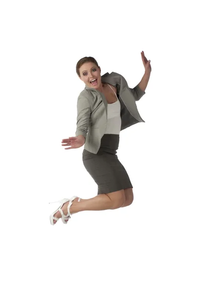 Eine glückliche Geschäftsfrau springt — Stockfoto