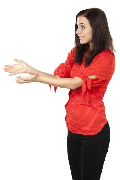A happy woman accepting something — Stock Photo, Image