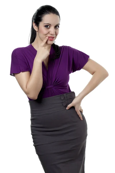 A happy woman biting her nails — Stock Photo, Image