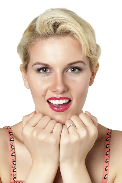 A happy woman with hands under the chin — Stock Photo, Image