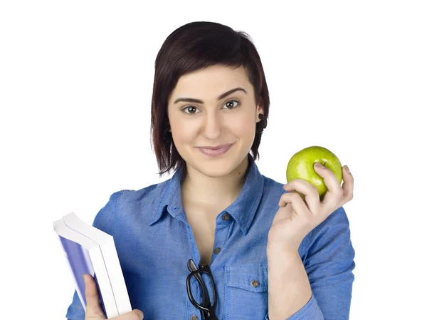 Dáma drží knihu a apple — Stock fotografie