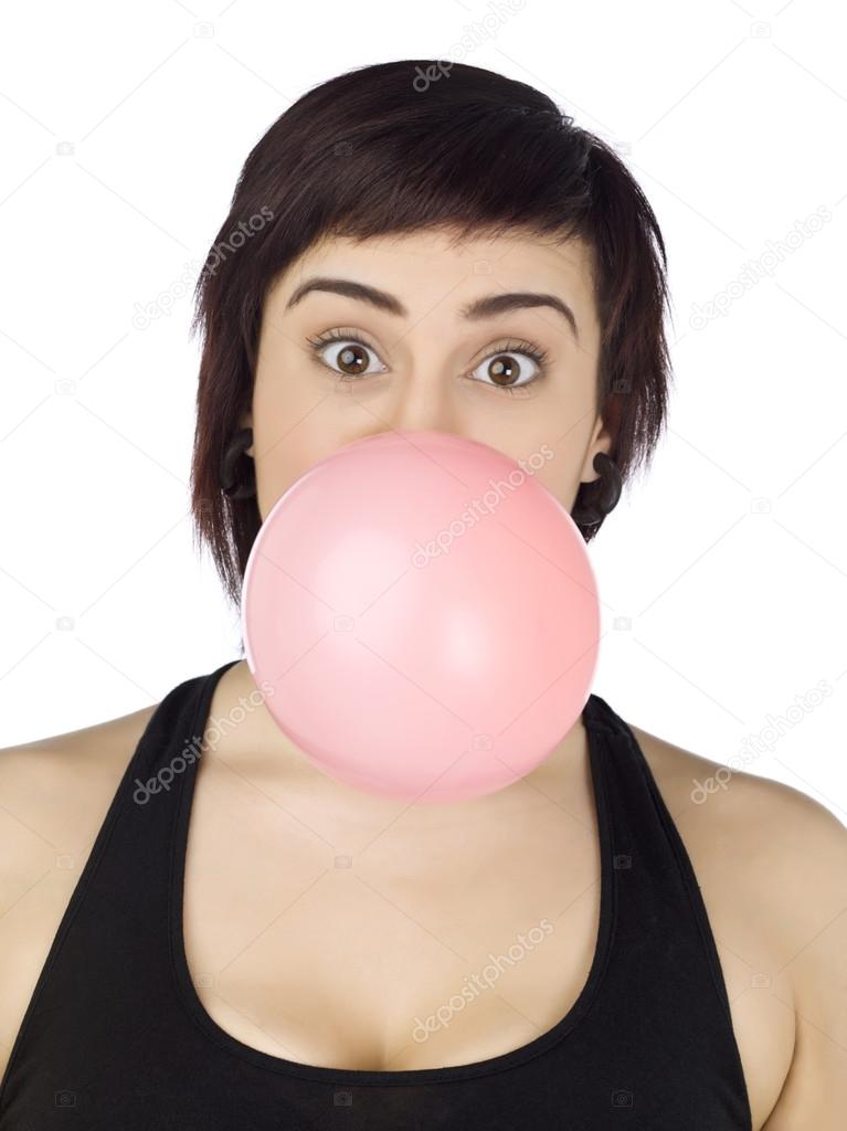 a lady blowing bubble gum