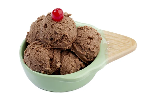 A scoop of chocolate ice cream with cherry topping — Stock Photo, Image