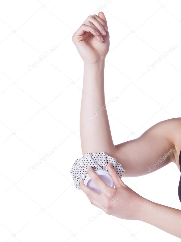 a woman with elbow pain