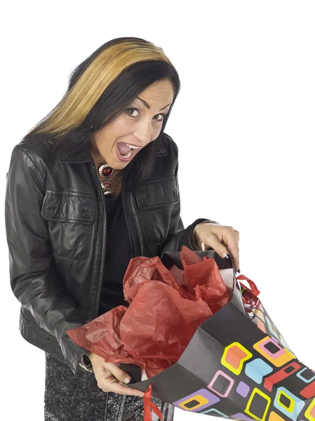 A shocked woman with shopping bag — Stock Photo, Image