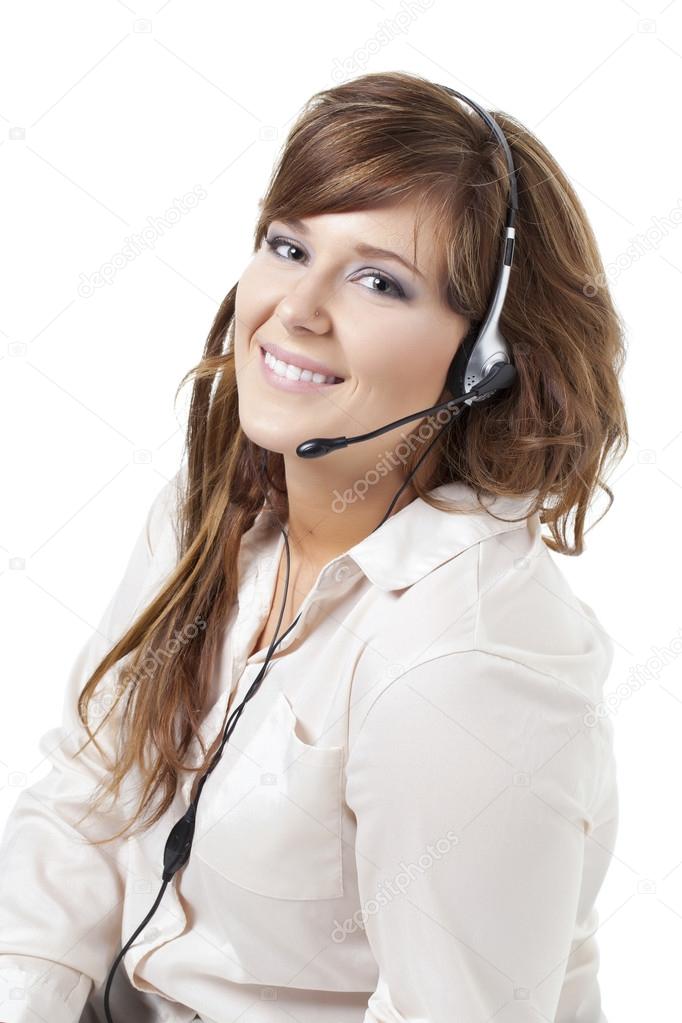 a smiling call center employee