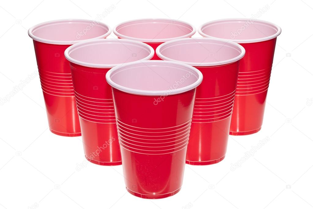 a stack of red plastic cups