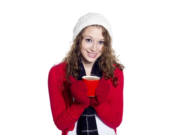 Aantrekkelijke vrouw houdt een kopje koffie — Stockfoto