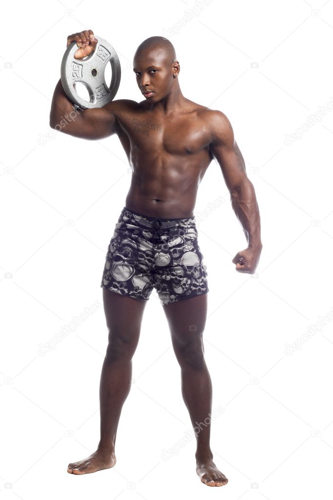 african american wrestler holding exercise weight