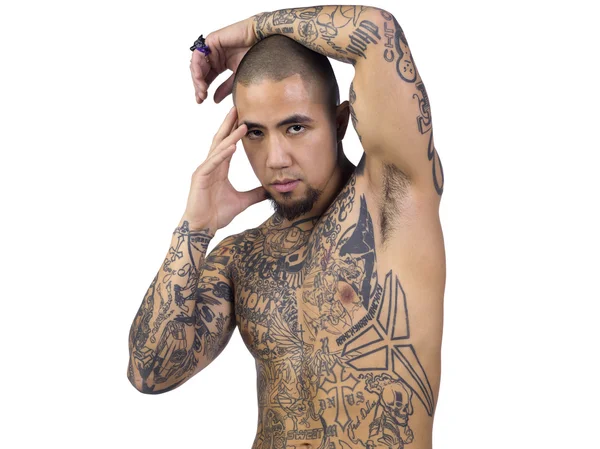 African american with tattoos standing against white — Stock Photo, Image