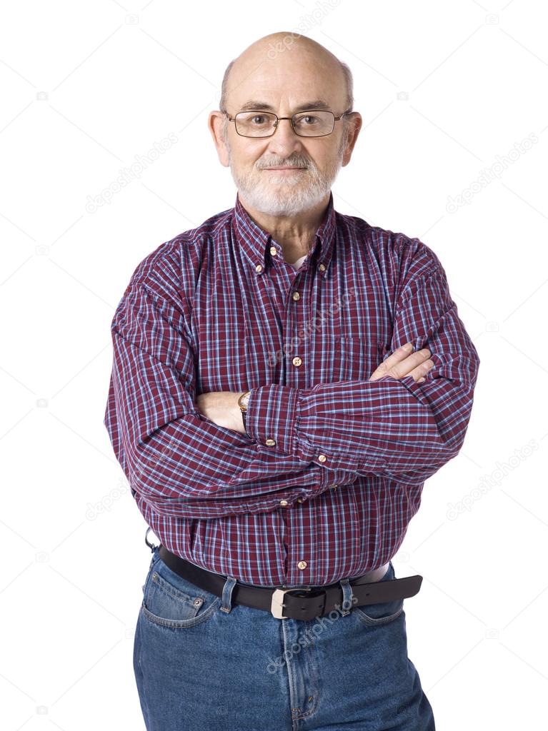 an old man with arm crossed