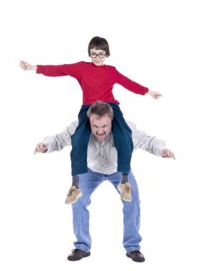 an old man carrying his grandchild on his shoulder clipart