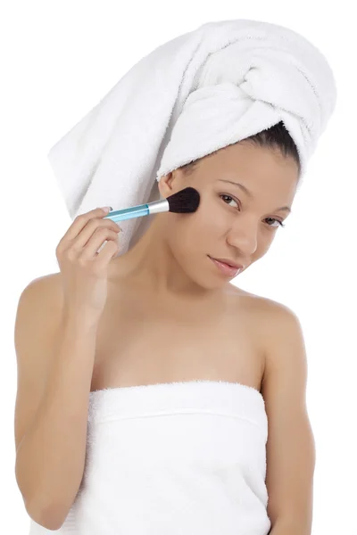 Asian model in towel holding brush — Stock Photo, Image