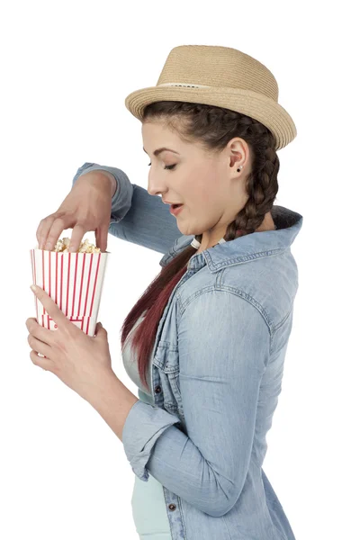 Attractive female with popcorn — Stock Photo, Image