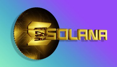 Gradyan arka planda logosu olan solana madeni para. Şifreleme para birimi konsepti 3d oluşturma