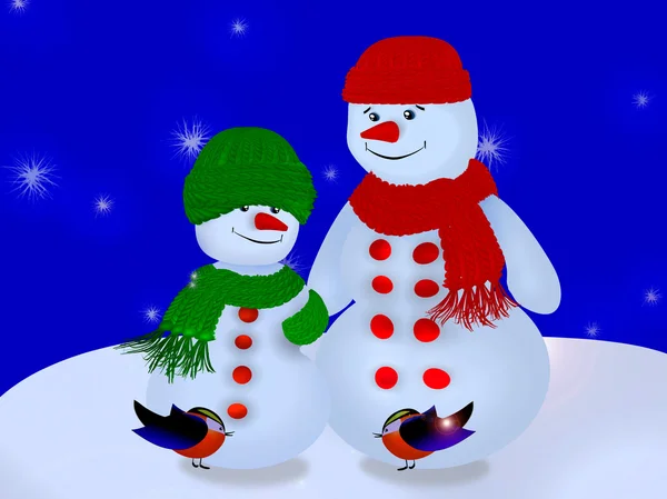 Snowmen and Birds Merry Christmas and Happy New Year — Stock Photo, Image