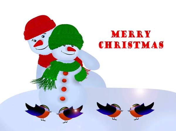 Snowmen and Birds Merry Christmas and Happy New Year — Stock Photo, Image