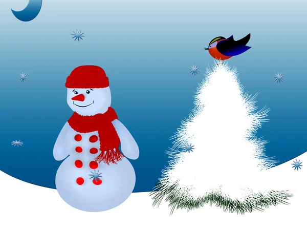 Pupazzi di neve e uccelli Buon Natale e Felice Anno Nuovo — Foto Stock