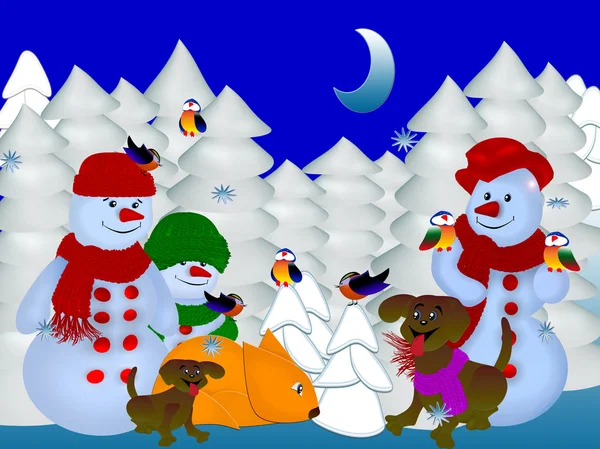 Snowman, bird, a dog, a fox in the winter forest — Stock Photo, Image