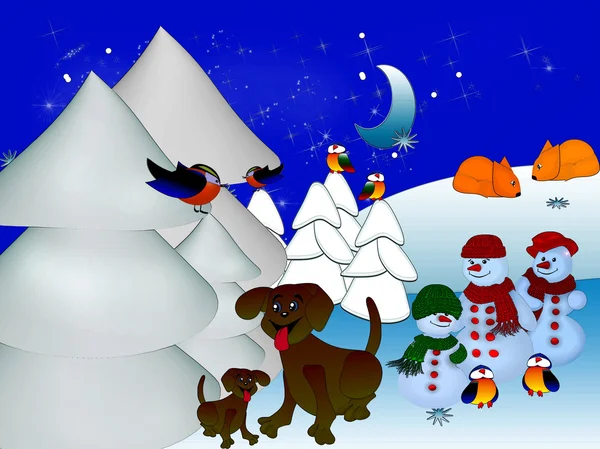 雪だるま、鳥、犬、キツネが冬の森 — ストック写真