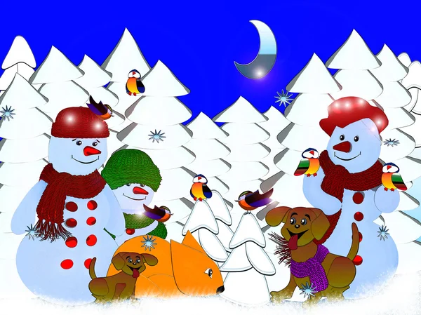 Snowman, bird, a dog, a fox in the winter forest — Stock Photo, Image