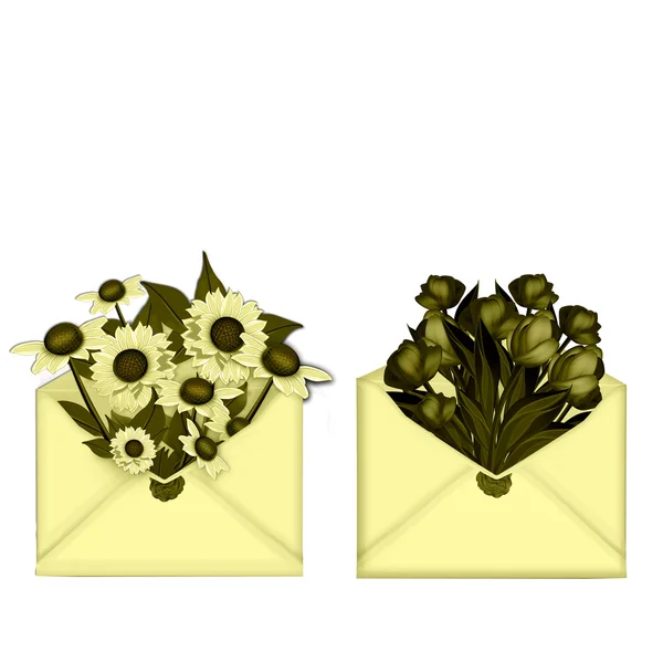 Mail envelope with flowers tulips and daisies — Stock Photo, Image