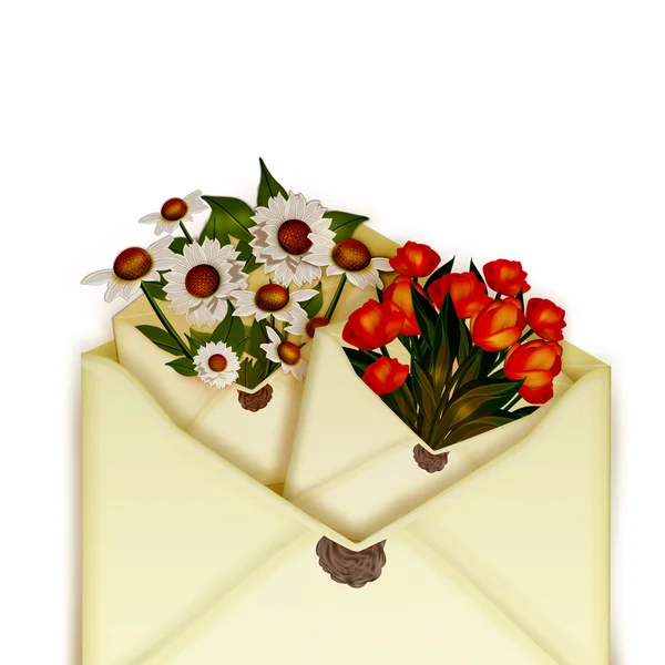 Envelope de correio com flores tulipas e margaridas — Fotografia de Stock