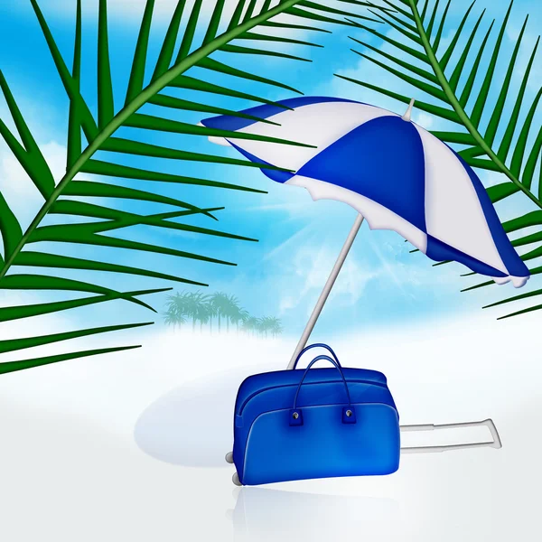 Branche de palmier, parasol et sac contre le paysage d'été — Photo