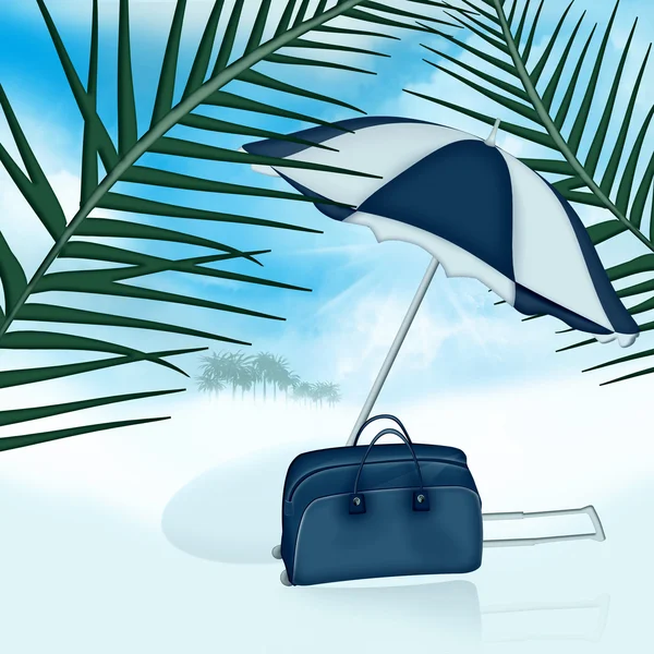 Ramo di palma, ombrellone e borsa contro il paesaggio estivo — Foto Stock