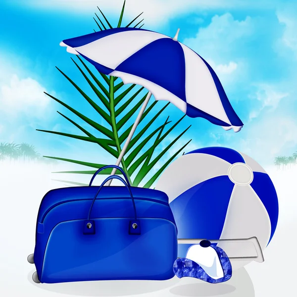 Sac bleu, balle, parapluie, casquette — Photo