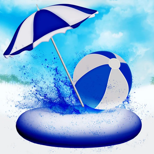 Зонтик, мяч на фоне голубого неба — стоковое фото