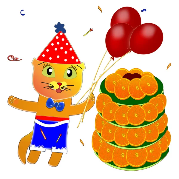 Urodziny. kotek. ciasto. balony. — Zdjęcie stockowe
