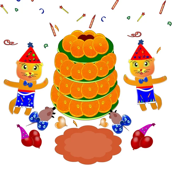 Geburtstag. Kätzchen. Kuchen. Luftballons. — Stockfoto