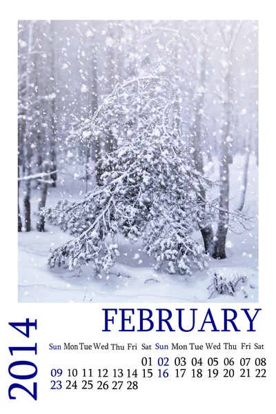 Kalender 2014. Februar. Winterlandschaft. Schneefall. — Stockfoto