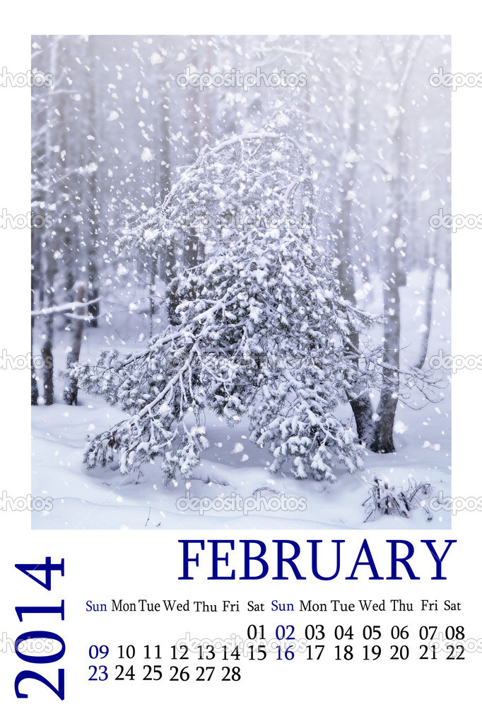 Calendar 2014. February. Winter landscape. Snowfall.