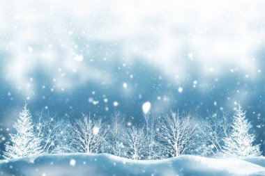 Karla kaplı ağaçlarla donmuş kış ormanı. Açık hava